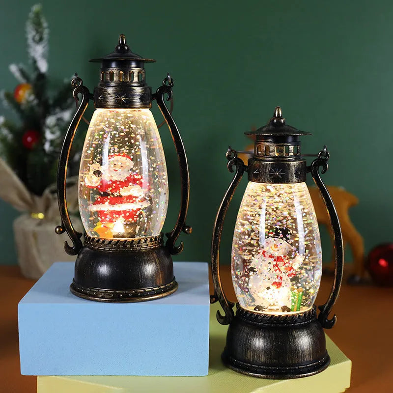 LED crystal ball oil lamp Christmas decoration with snowman or elderly figure inside coloured paper globe