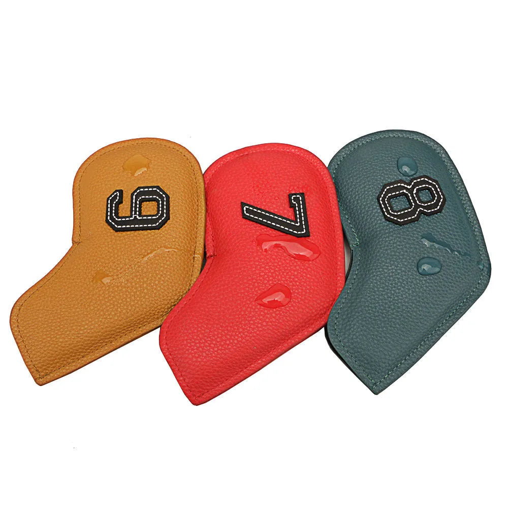 Set of 10 digitally printed PU golf club headcovers for woods and irons.