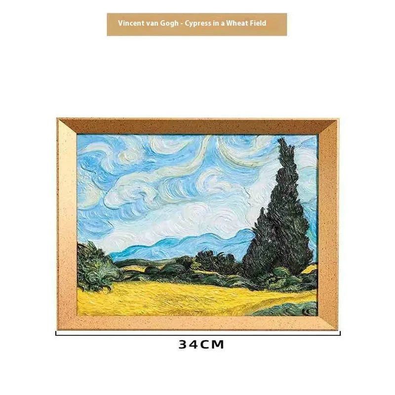 DIY oil painting kit showing Van Gogh's Starry Night reproduction on canvas with acrylic paints and wooden frame