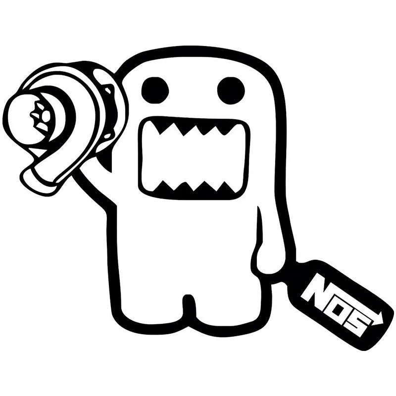 Black and white cartoon car sticker on vehicle panel, showing 15cm by 12cm PVC decal.