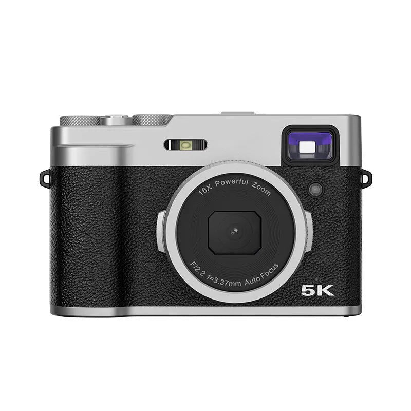 Black and brown 5K digital camera with dual lenses, optical viewfinder, and 2.88-inch screen