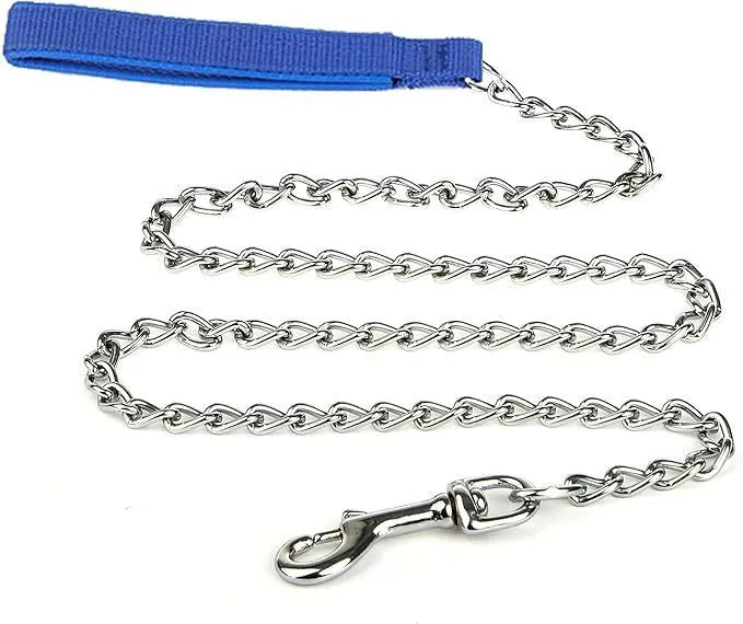Heavy duty metal dog leash chain with soft padded handle in black, blue, or red for large medium dogs