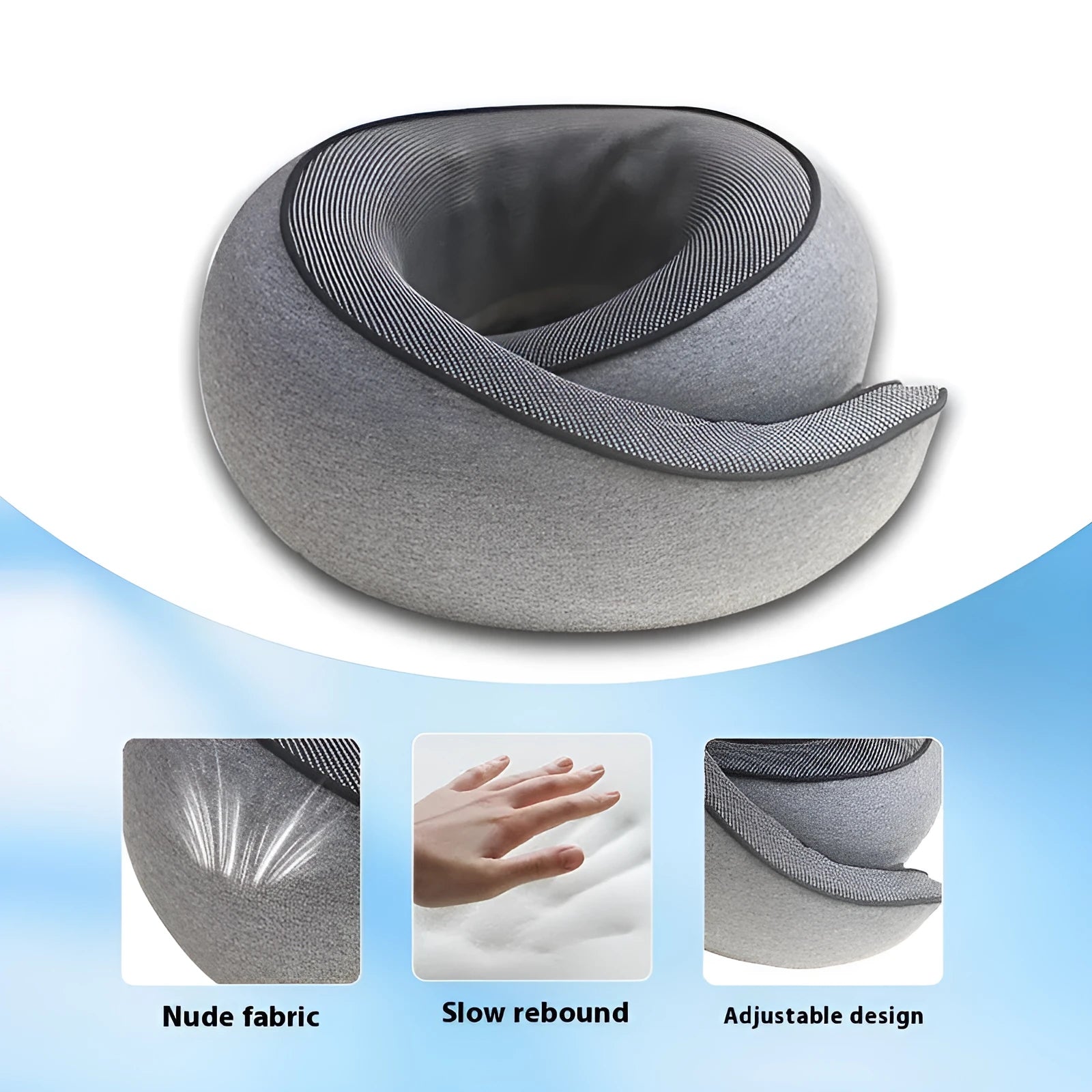 Dark Grey U-shaped memory foam travel neck pillow with storage bag.