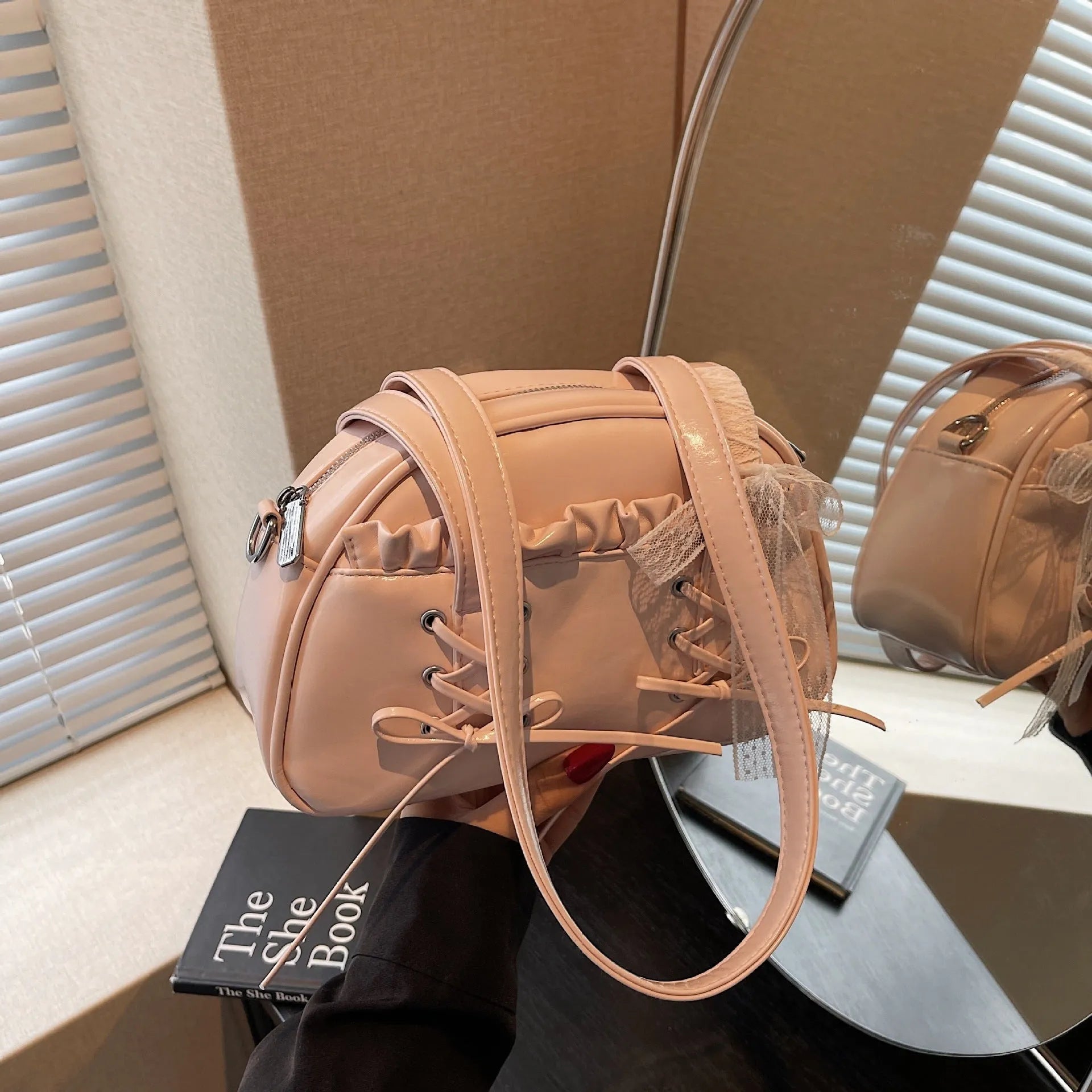 Casual ladies shoulder handbag with bandage bow detail and mobile phone pocket in PU leather