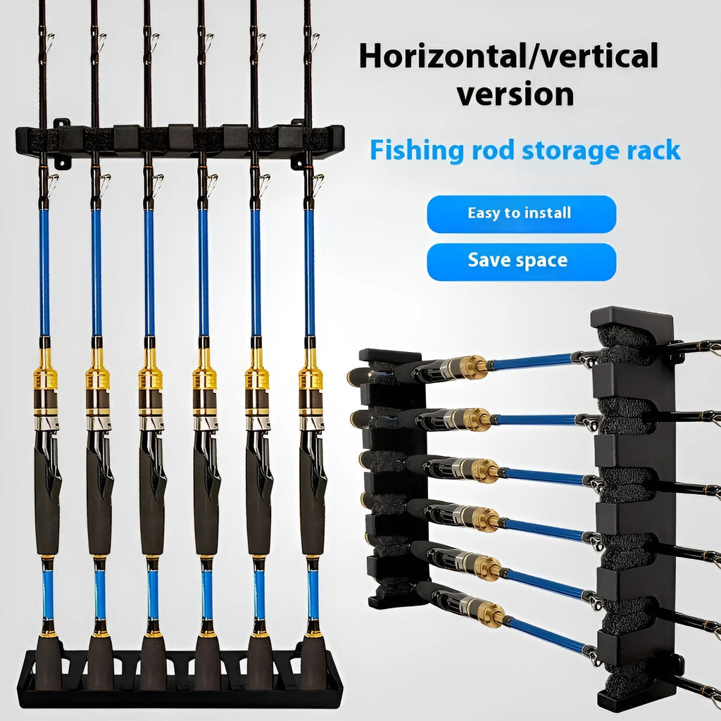 Black ABS plastic wall-mounted fishing rod holder in horizontal and upright styles