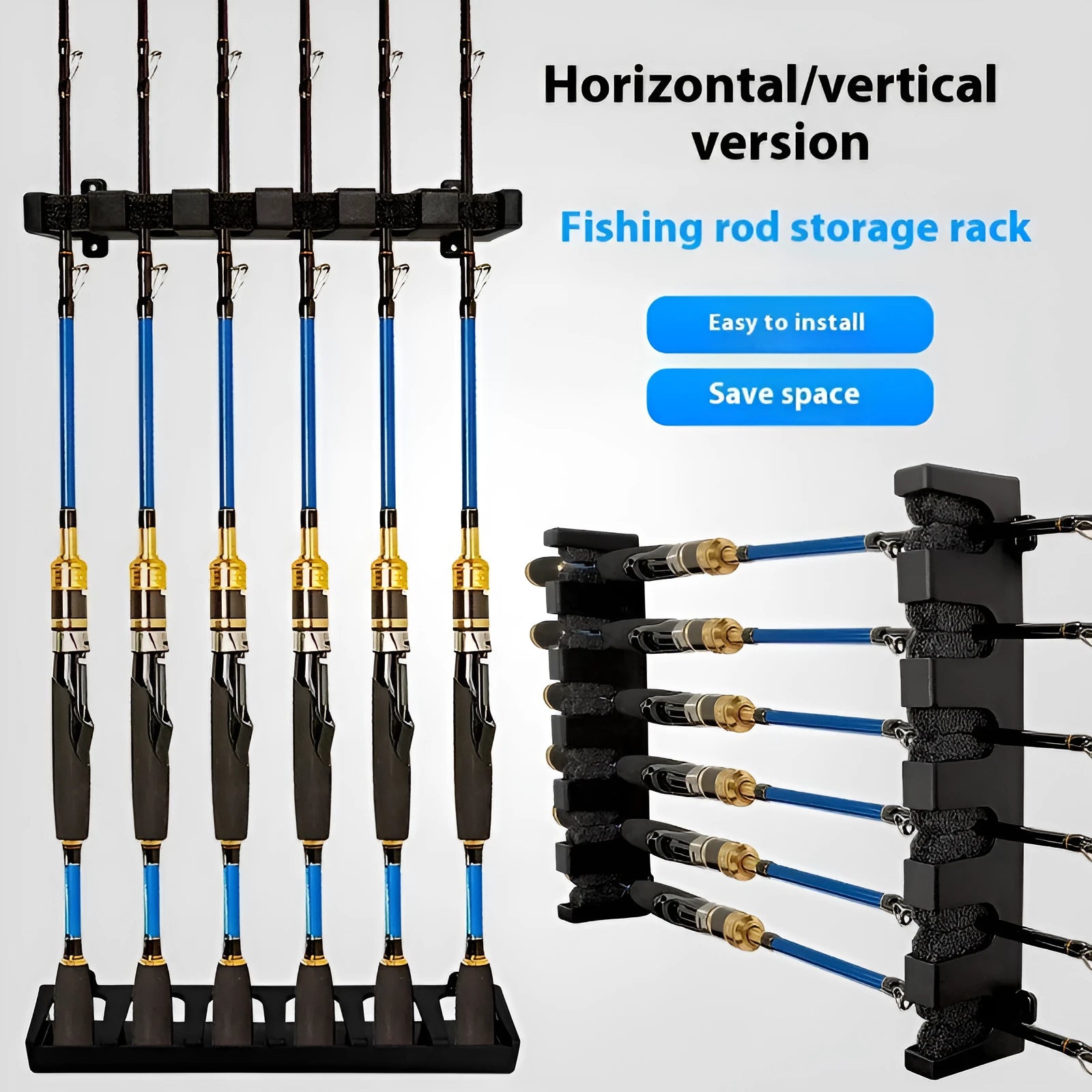 Black ABS plastic wall-mounted fishing rod holder in horizontal and upright styles