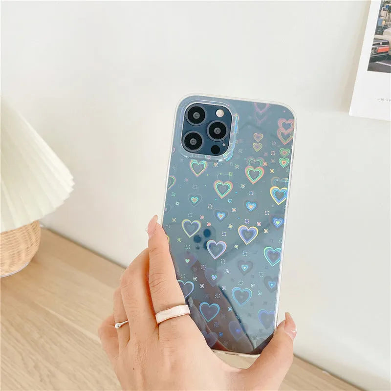 Transparent silicone iPhone case with laser colourful love design showing butterfly and clear colour options
