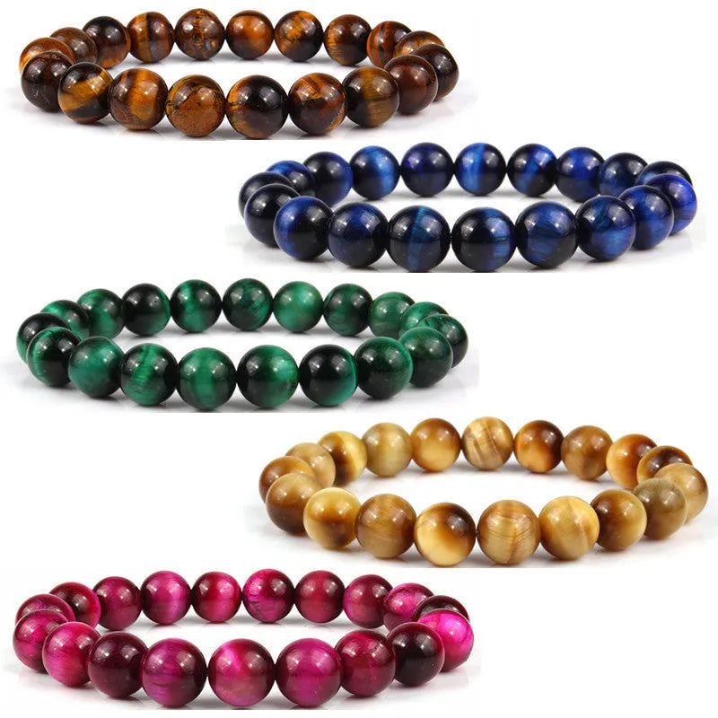 Natural tiger eye crystal bracelet with round beads in choice of colour and 6mm, 8mm, 10mm, or 12mm sizes.