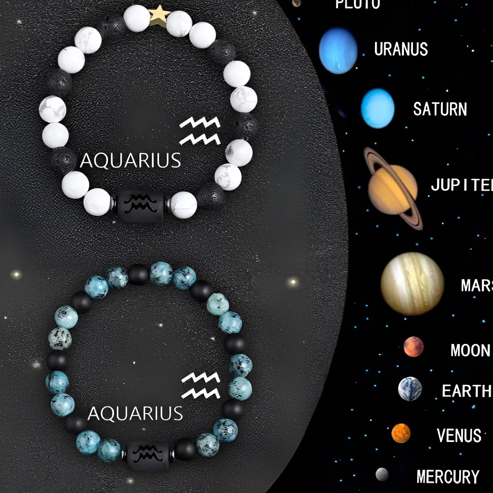 Two natural stone beaded bracelets from a zodiac sign jewellery set.