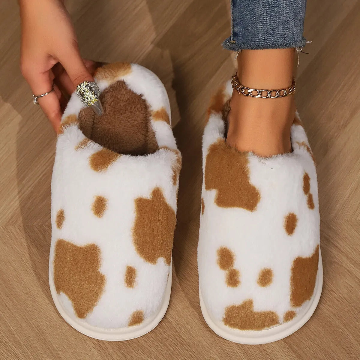 Cow spotted plush slippers with non-slip sole, available in black brown coffee pink for women and men