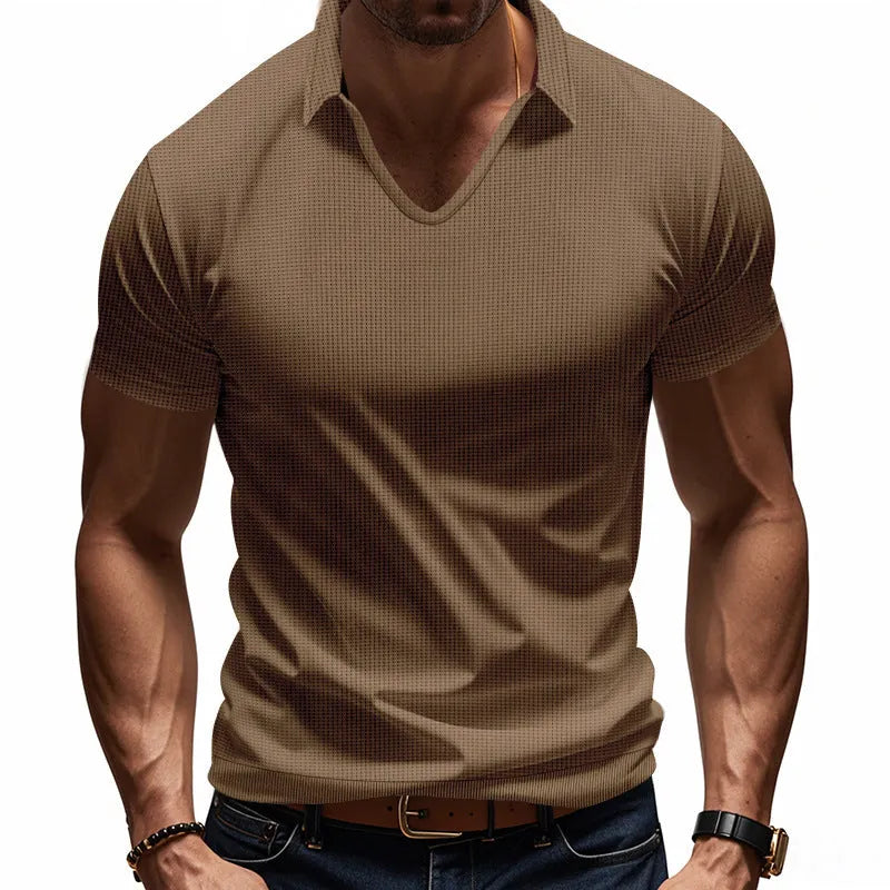 Men's loose light grey V-neck short sleeve casual cotton blend T-shirt laid flat