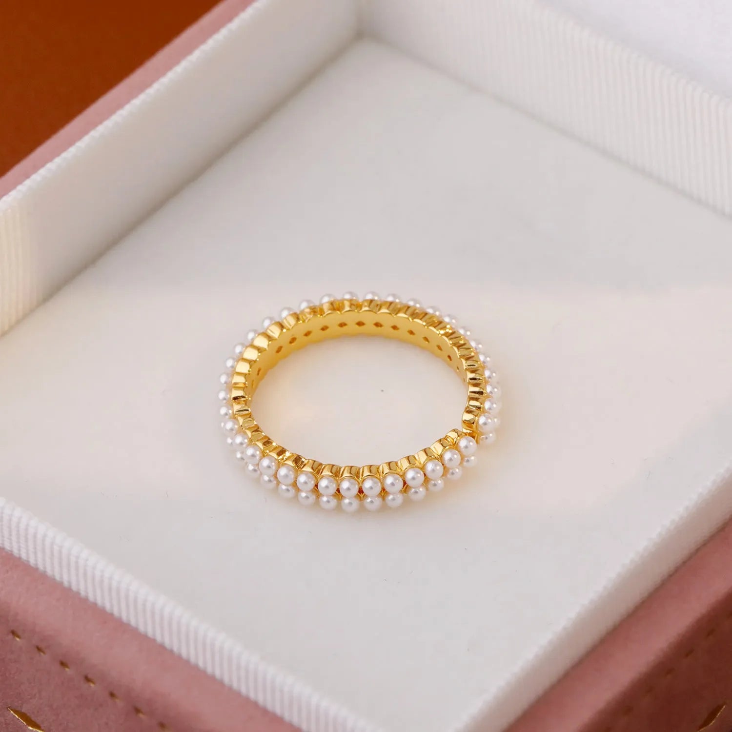 Gold geometric open-mouth women's ring with round pearl detailing on electroplated copper