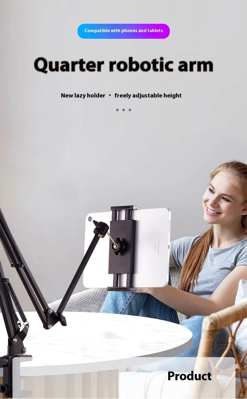 Black foldable metal desktop cantilever bracket holding a tablet, showing adjustable arms and clamping mechanism.