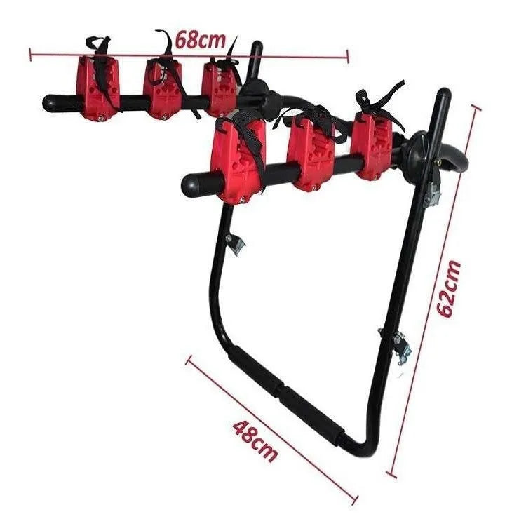 Black and red trunk-mounted car bike rack showing rope or pull belt attachment options.