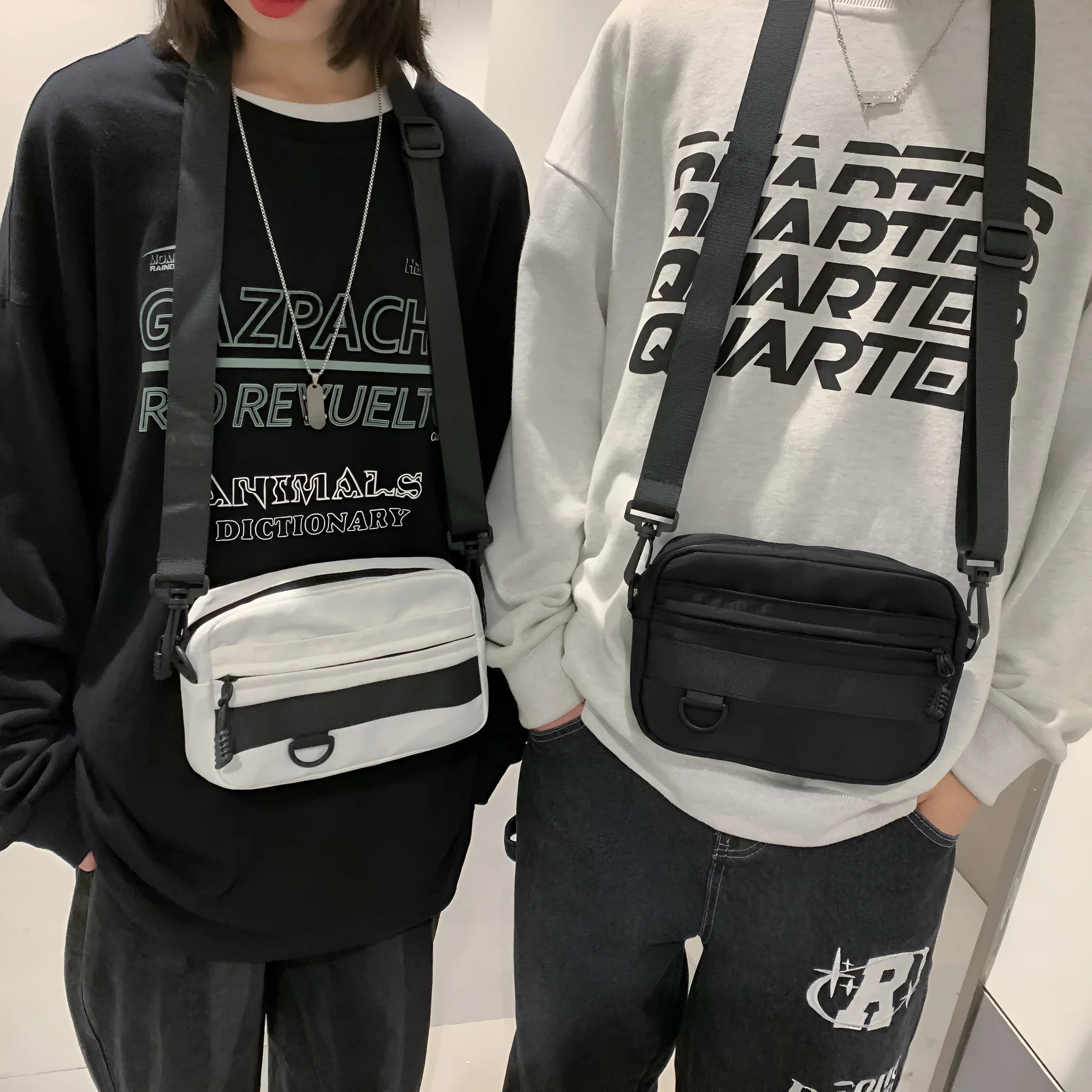 Men's black nylon messenger bag with sewing thread details measuring 22cm length for daily crossbody wear