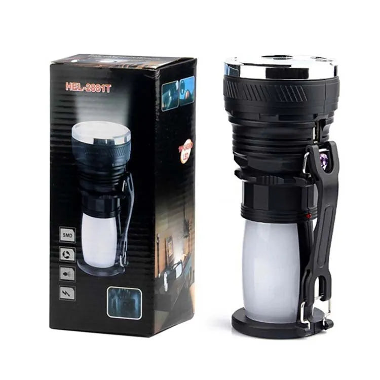 Black solar-powered LED emergency flashlight with USB charging port shown on a textured background.