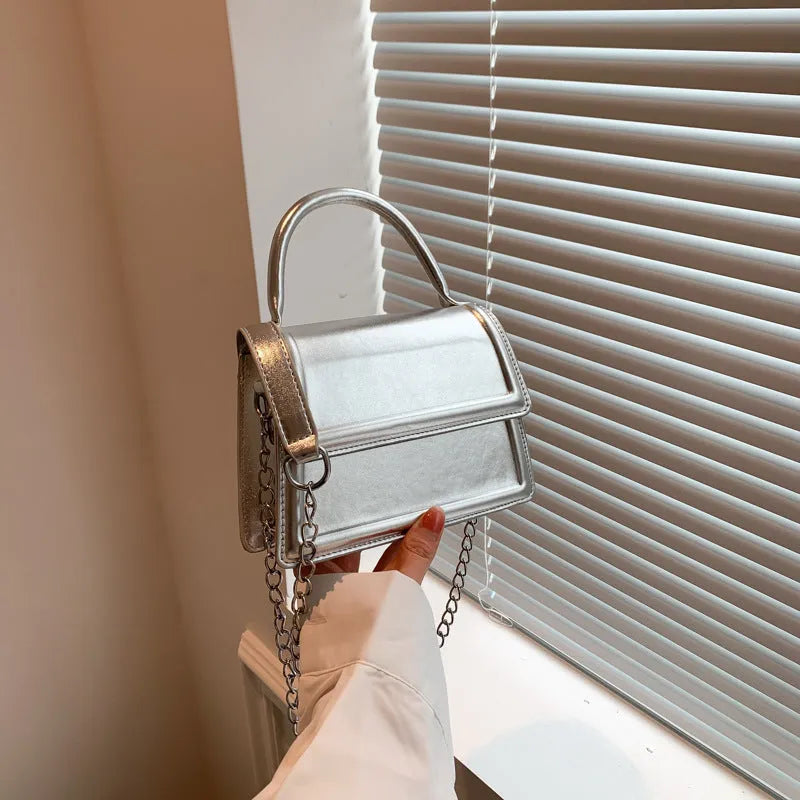 PU leather retro crossbody shoulder bag in horizontal square shape with sewn line detail