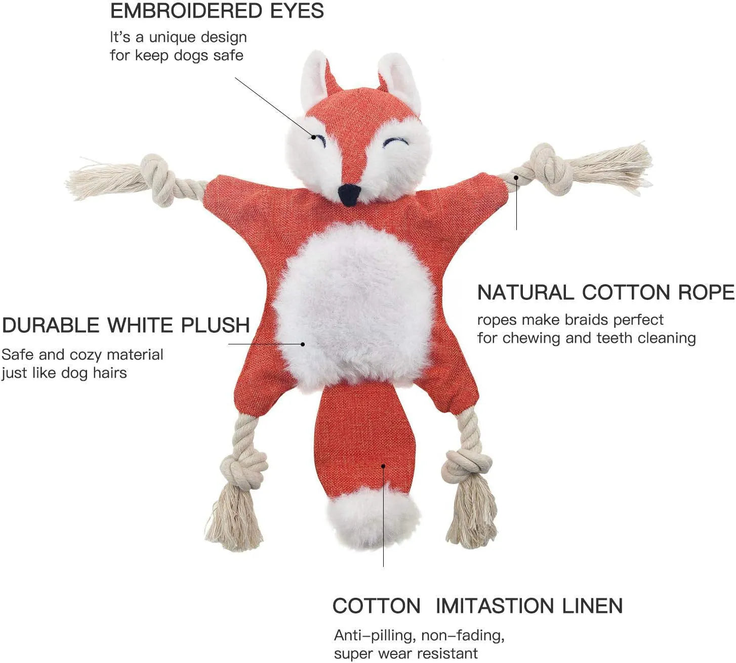 Brown fox dog toy with embroidered eyes, cotton rope arms and legs, squeaker in head