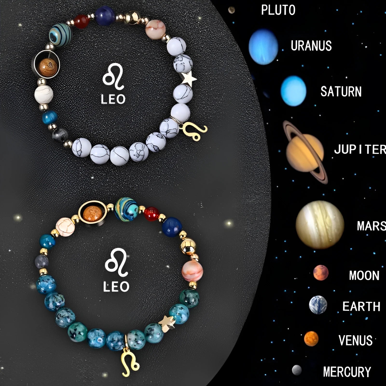 Two natural stone zodiac beaded bracelets with adjustable closures on display