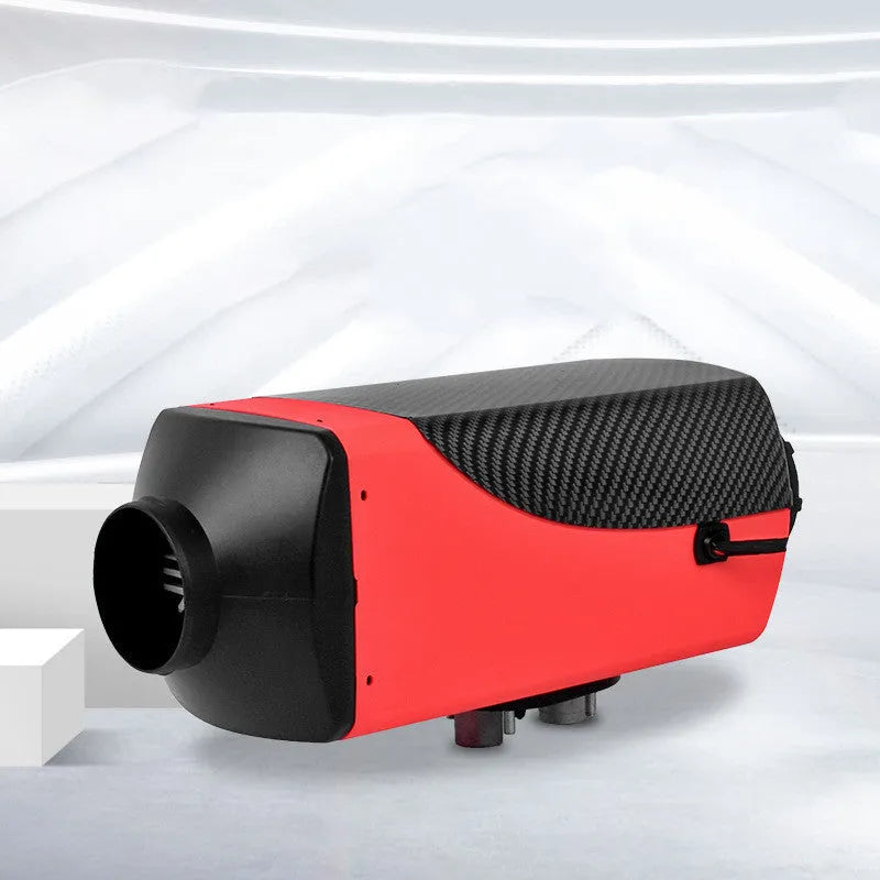 Red and black diesel air heater unit with fuel tank and installation components for vehicles