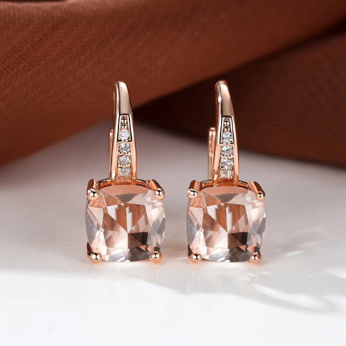Square zircon geometric ear hook earrings in electroplated copper with Korean style design