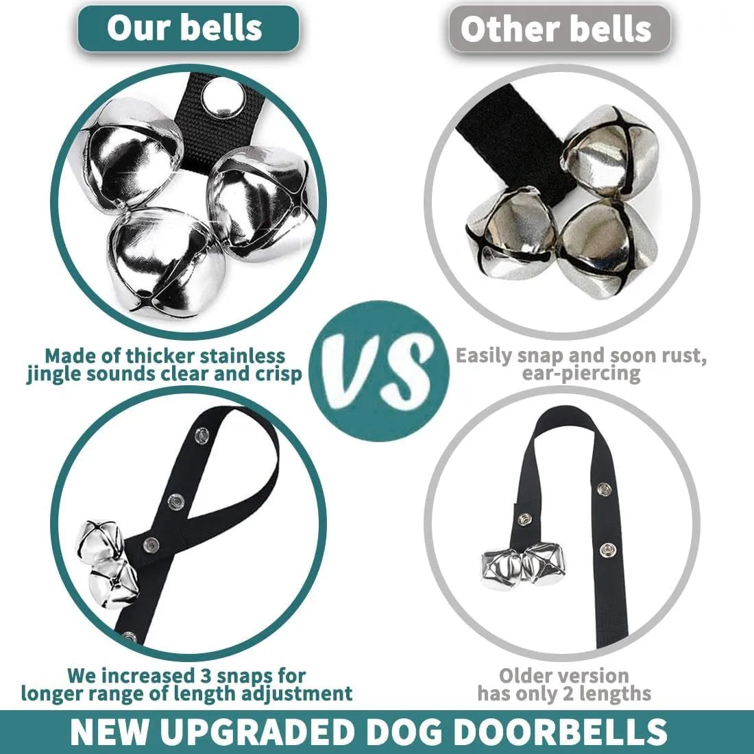 Silver metal dog training bells on an adjustable nylon leash hanging from a door handle