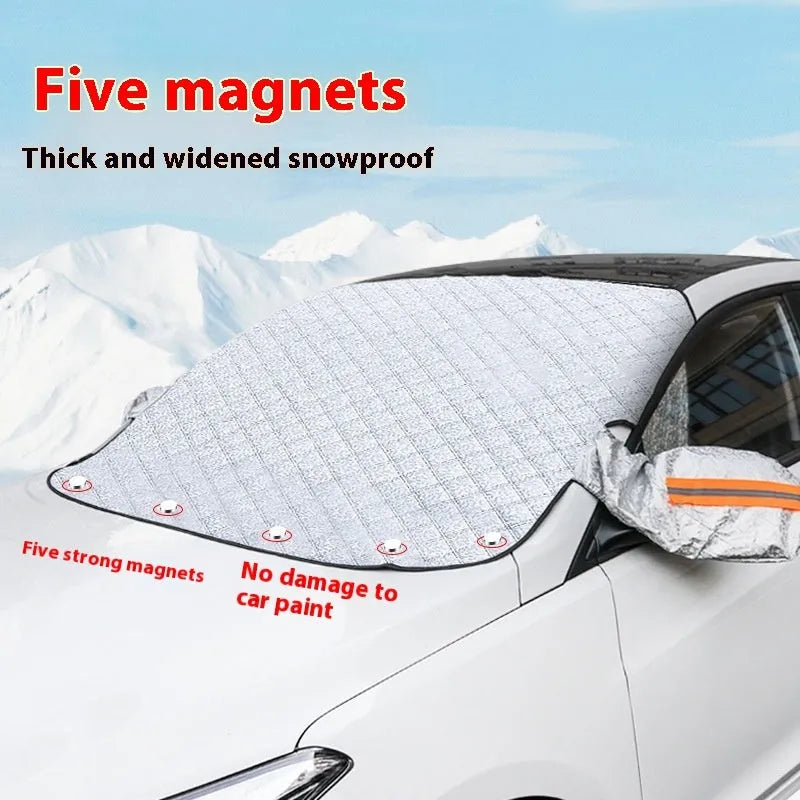 Large Luxury aluminium foil winter car cover with reflective stripes and magnets for SUV windshield frost protection.