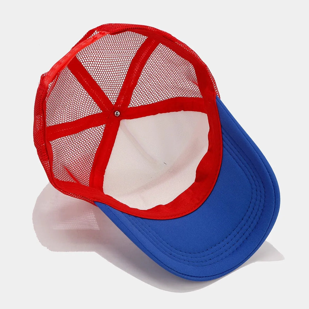 Red and blue contrast adjustable mesh baseball cap with dome crown construction