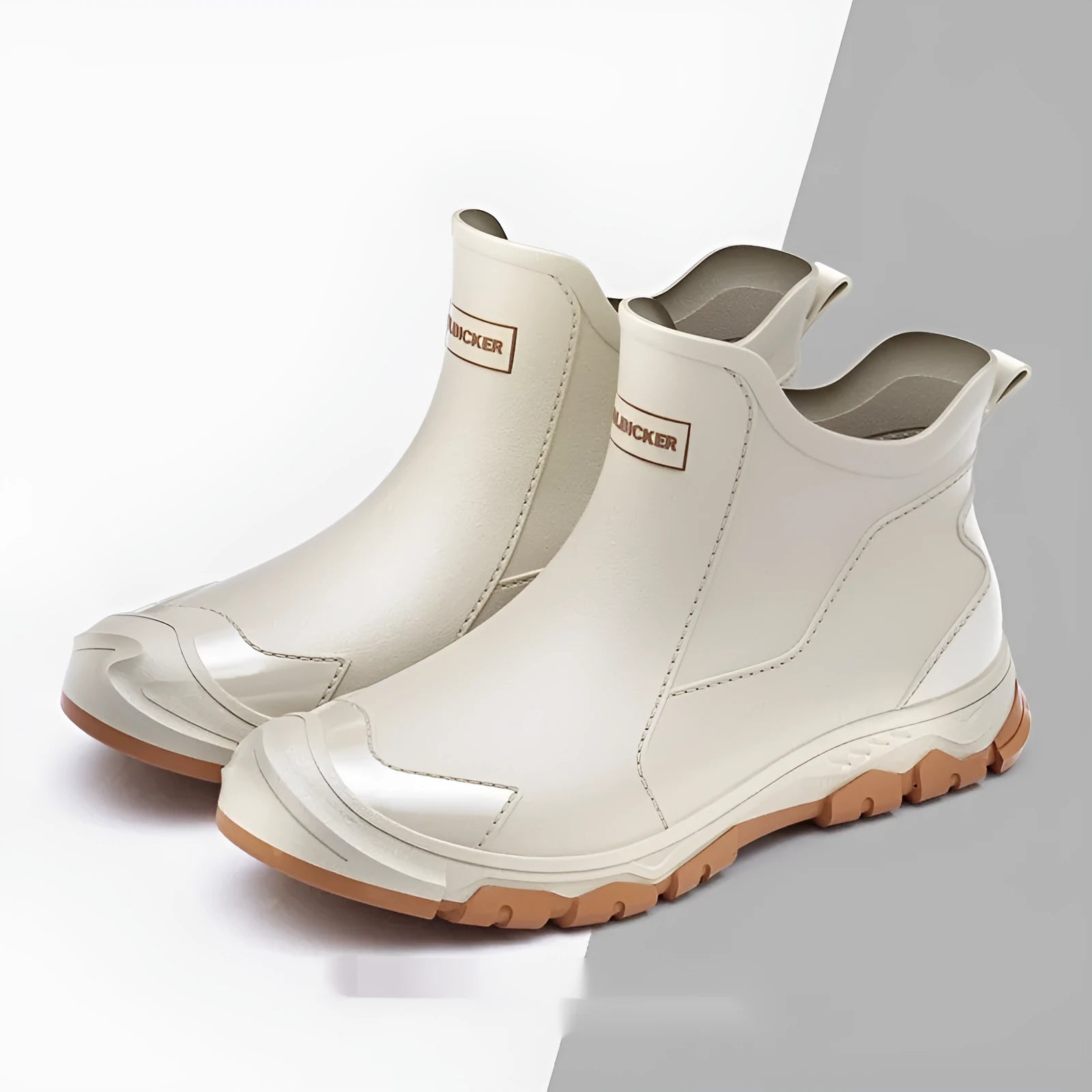 Short tube Korean style PVC rain boots with plastic soles in beige, black, and black-red colours.