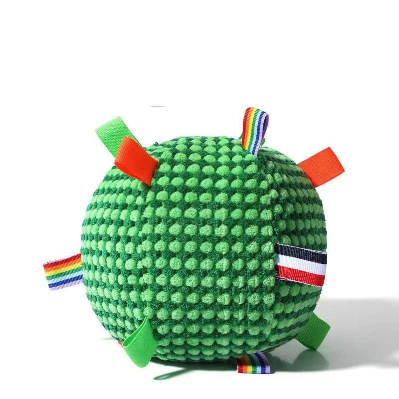 Blue and yellow textured pineapple lattice dog ball toy, 17cm in diameter, for chewing and fetching.