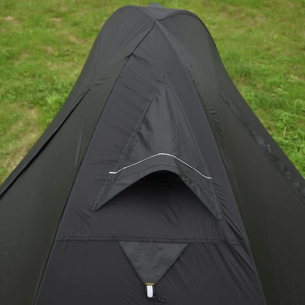 Single person tent with aluminium poles in black colour showing double account structure and mesh ventilation panels