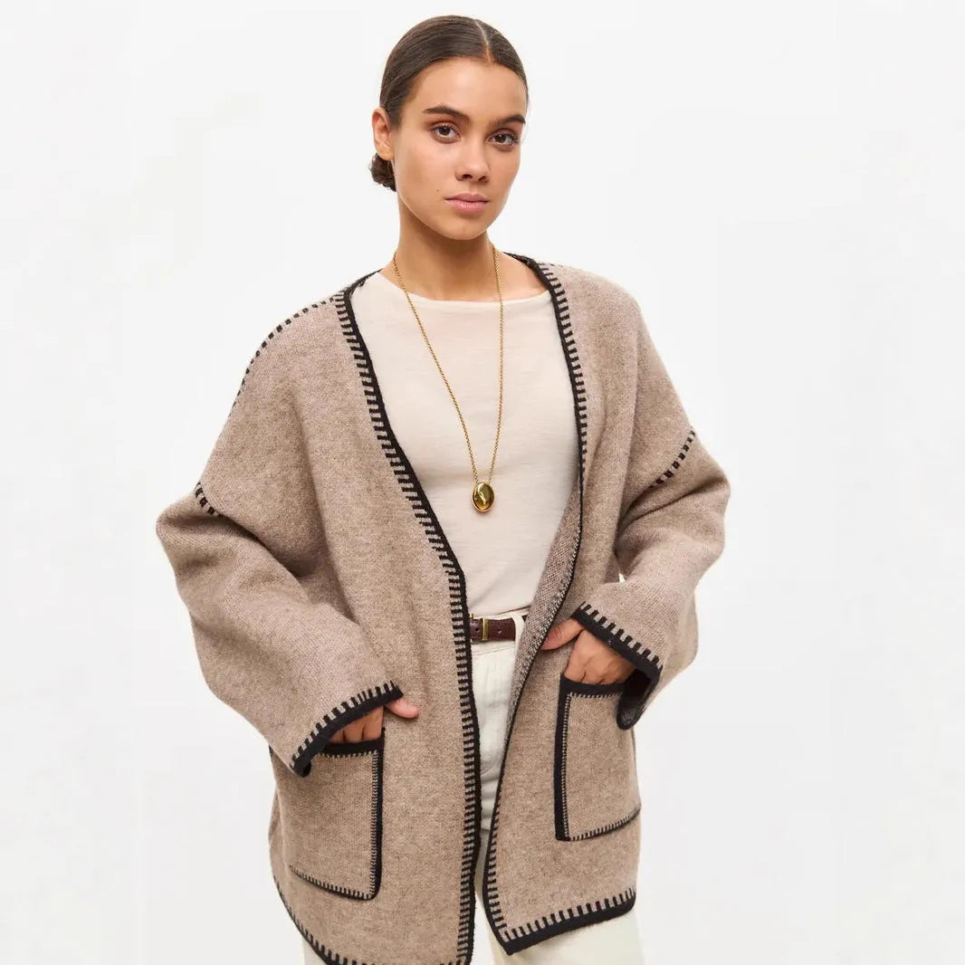 Lace-up front knitted cardigan in black camel or white colours with loose fit and long sleeves
