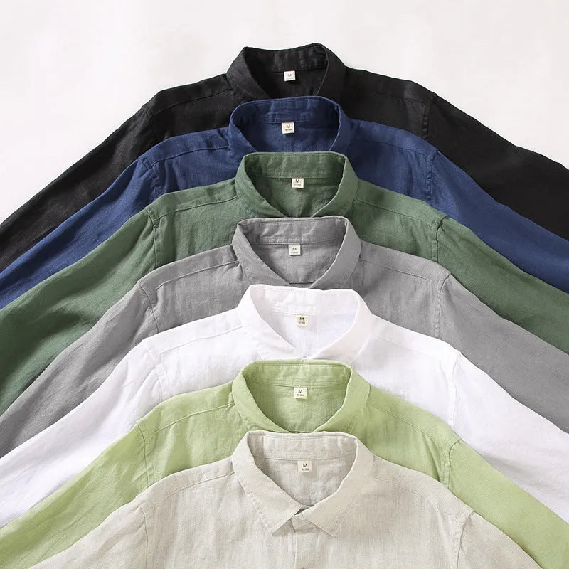 Linen long sleeve shirt in loose fit with Chinese cardigan style, shown in solid colour options.