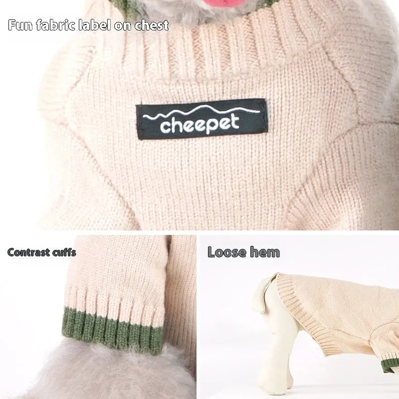 British style wool pet sweater with contrasting colours on two legs, shown in Crown Blue colour option
