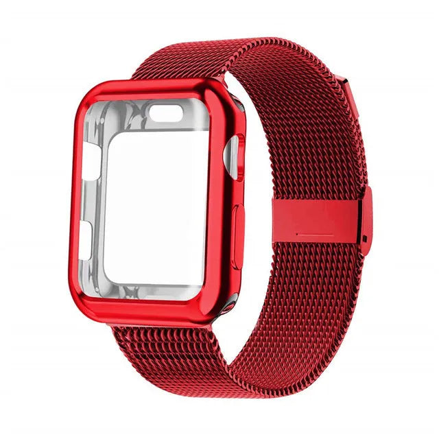 Apple Watch magnetic Milanese loop metal wristband in multiple colours with protective case.