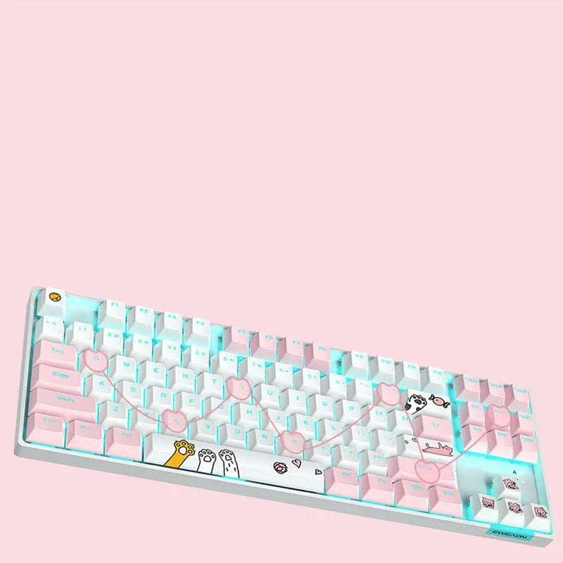 87-key RGB green shaft mechanical keyboard with metal panel, pink and white colour, and cotton hand rest