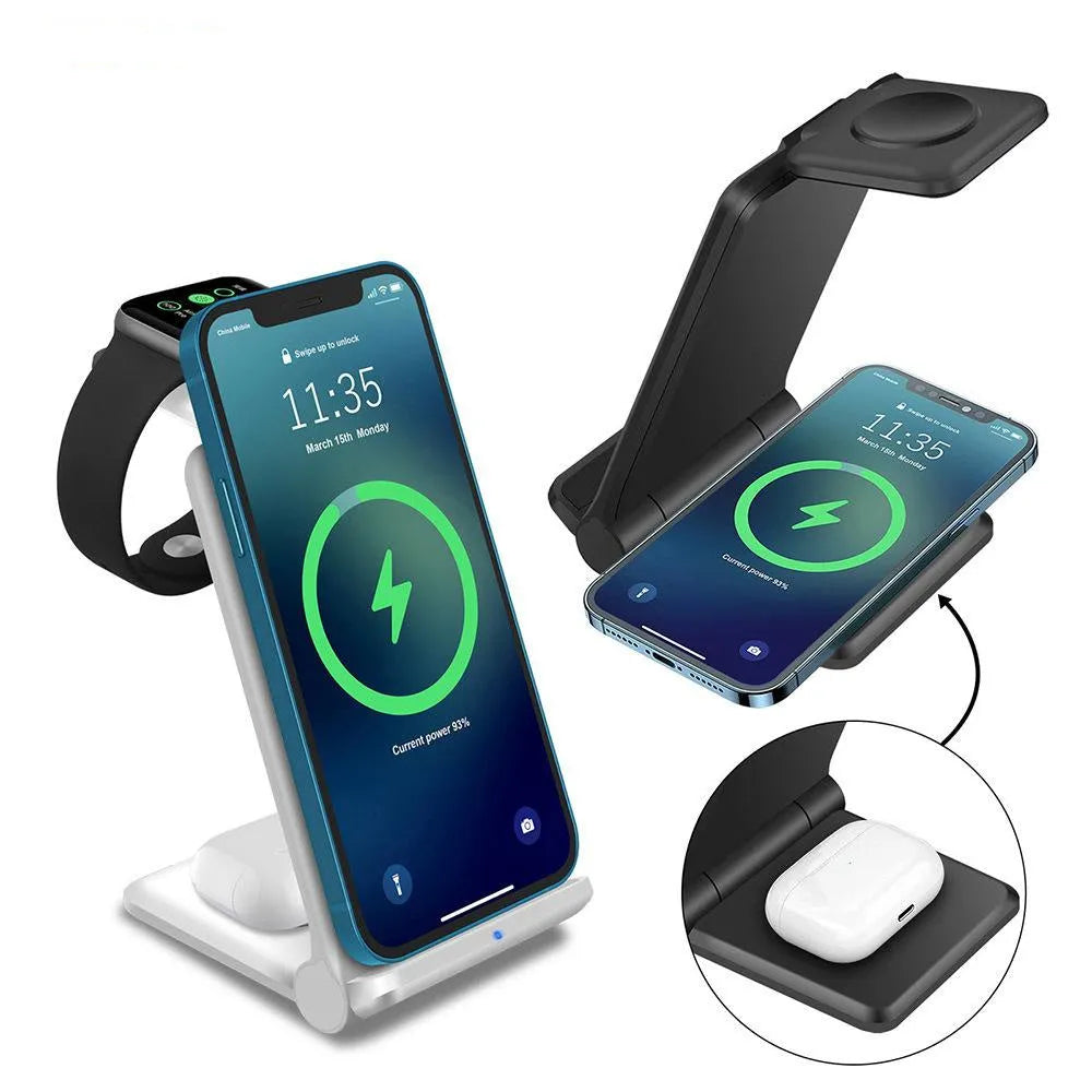 3 in 1 wireless charging station showing iPhone, AirPods and Apple Watch charging simultaneously