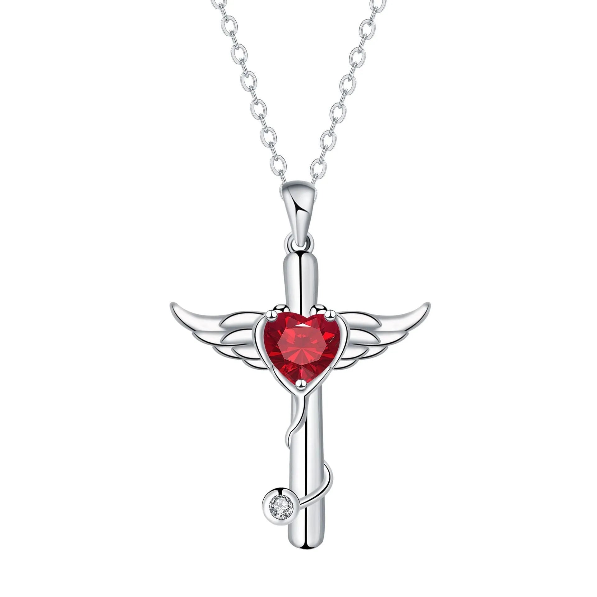Wings decoration stethoscope necklace in electroplated copper with white or red diamond finish
