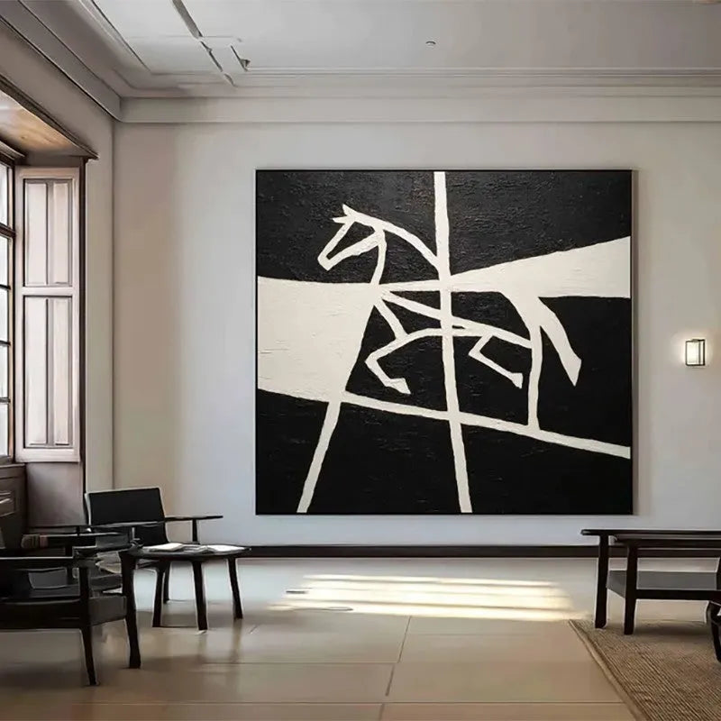 Handmade oil painting of a running black and white horse on canvas, frameless and unstretched