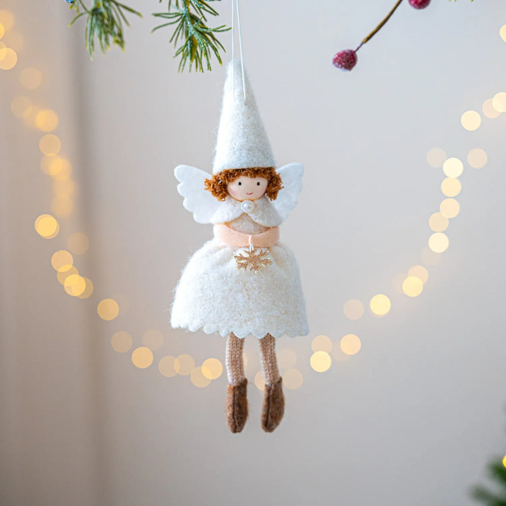 White cloth angel skirt felt pendant ornament with plush construction and hanging loop