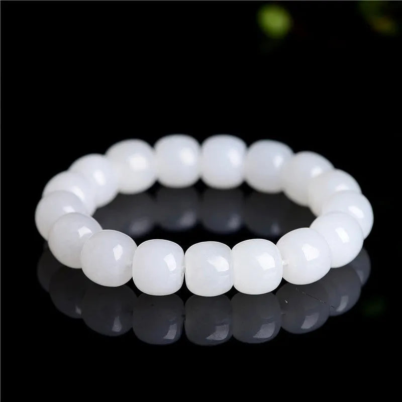 White jade barrel bead bracelet in Hetian jade showing three bead size options for men and women