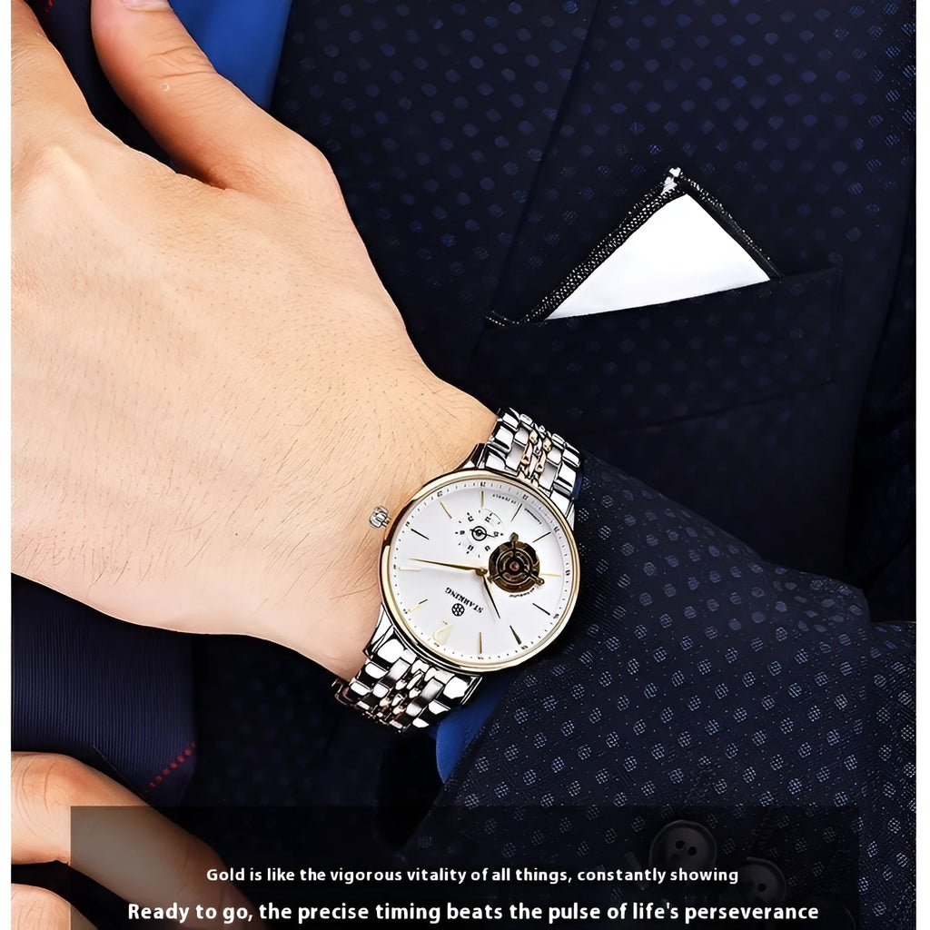 Automatic mechanical men's business watch with hollow three-needle dial on brown leather strap