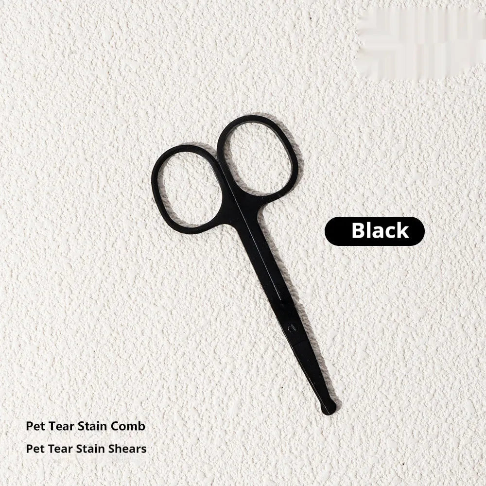 Black ABS plastic pet tear stain comb and scissors set on white background