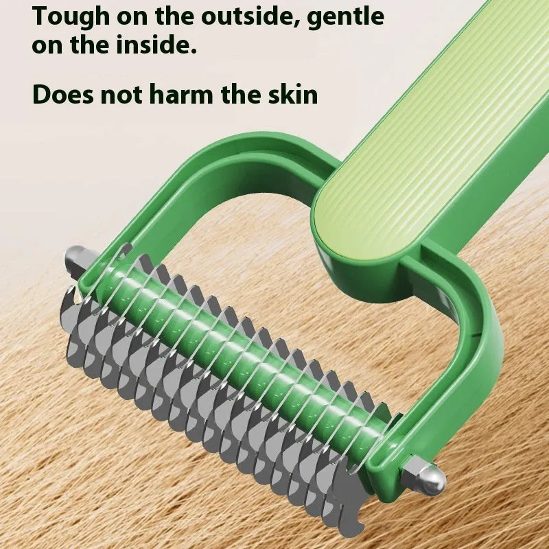 Green and grey dog grooming comb for untying knots, showing small and large size options.