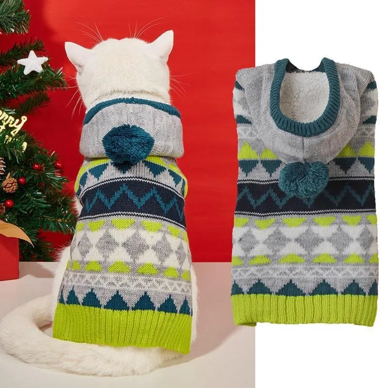 Green pet sweater with diamond pattern on small dog showing acrylic knit texture and sizing