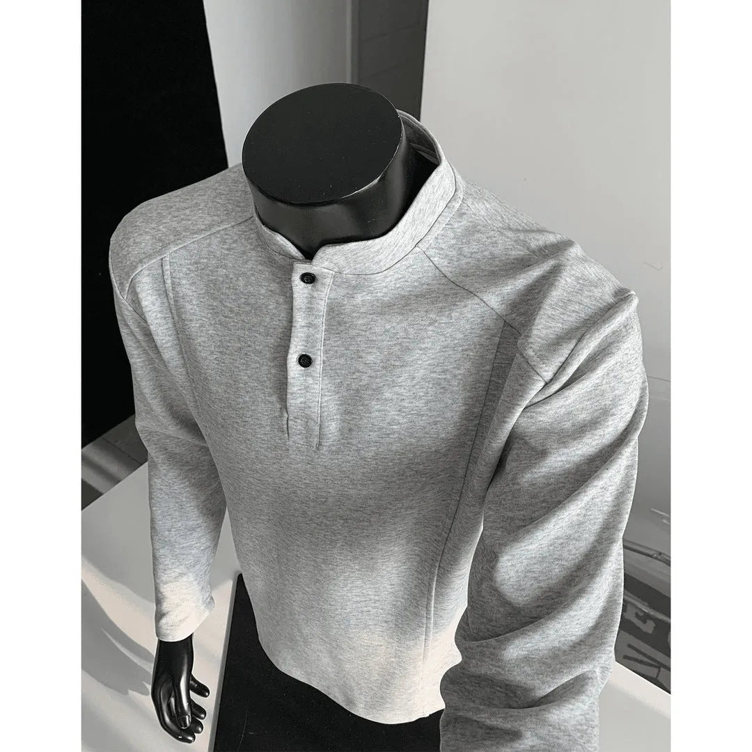 Men's loose-fit patchwork collar polo shirt with asymmetric shoulder design in Chinese cotton