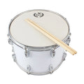 Mebet 14-inch white stainless steel snare drum with strap and drum stick on flat surface