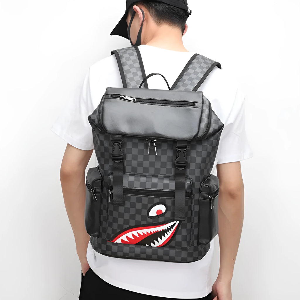 Korean casual checkered printed large capacity backpack in PU leather with curved shoulder strap