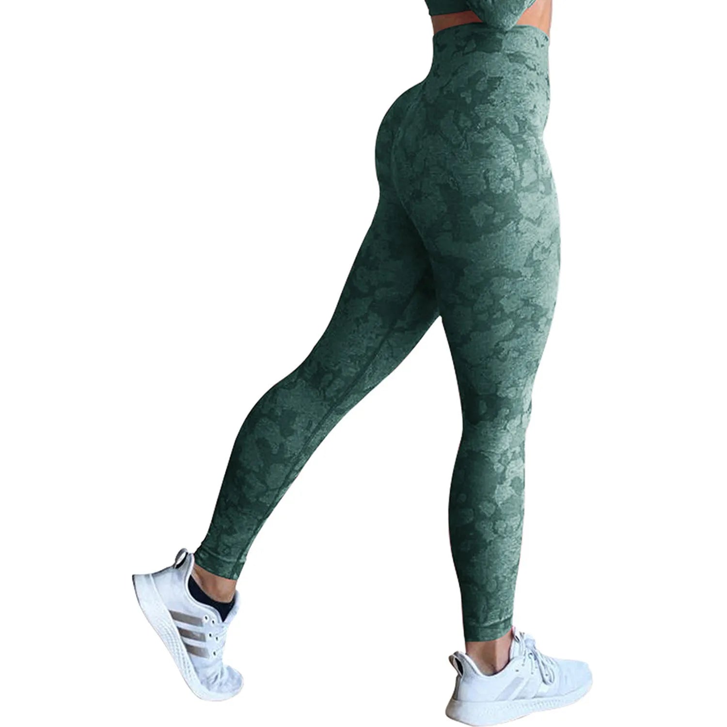 Women's high-waisted push up booty leggings in a camouflage print for fitness and yoga.