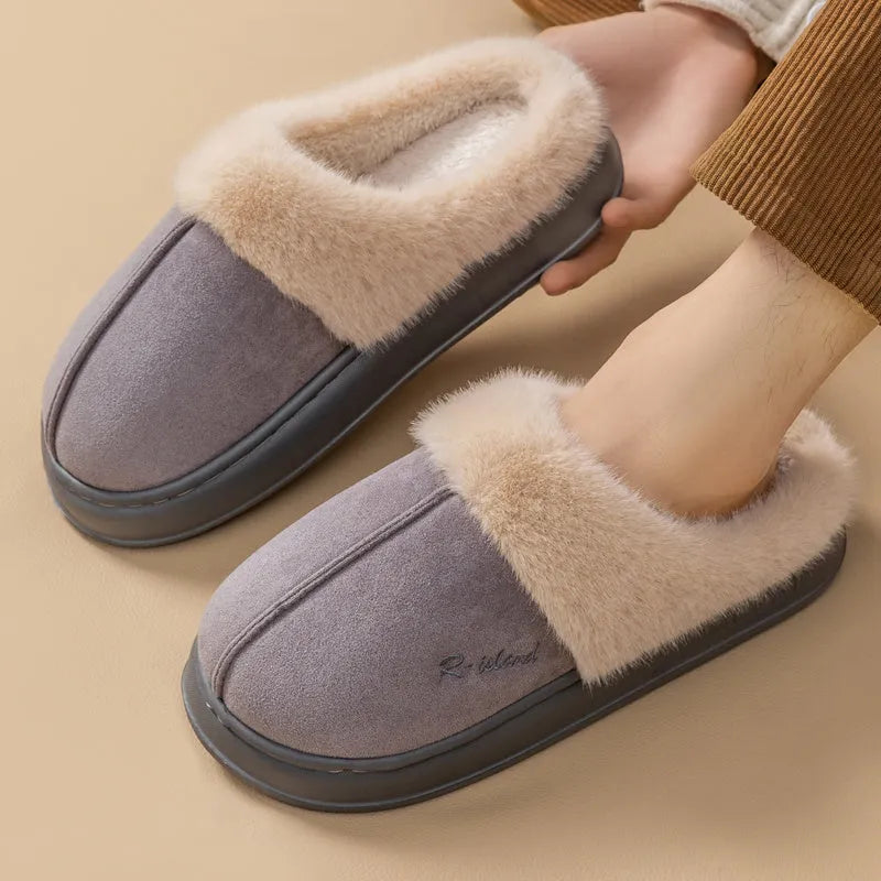 Fluffy couple slippers in pink and khaki with non-slip PVC sole and cloth upper for indoor home use